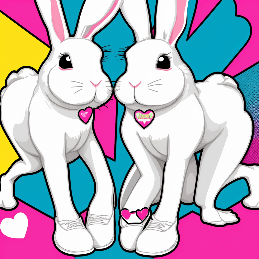 AI generated: Draw two kissing rabbits with a heart in the screen printing style, in colorful Pop Art. Include two...