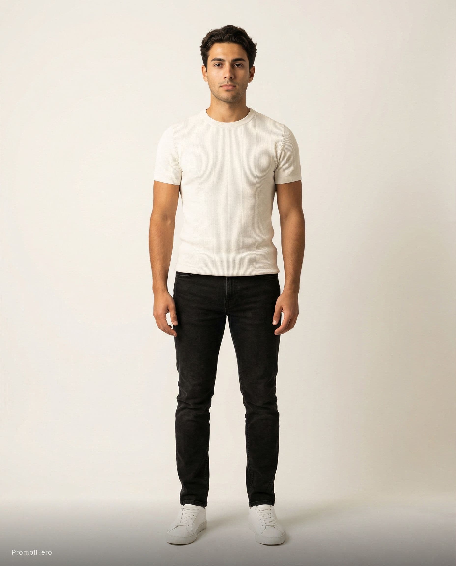 AI generated: Studio portrait of a young male model, mid-20s. 
Fair olive skin — Mediterranean tone, warm 
underto...