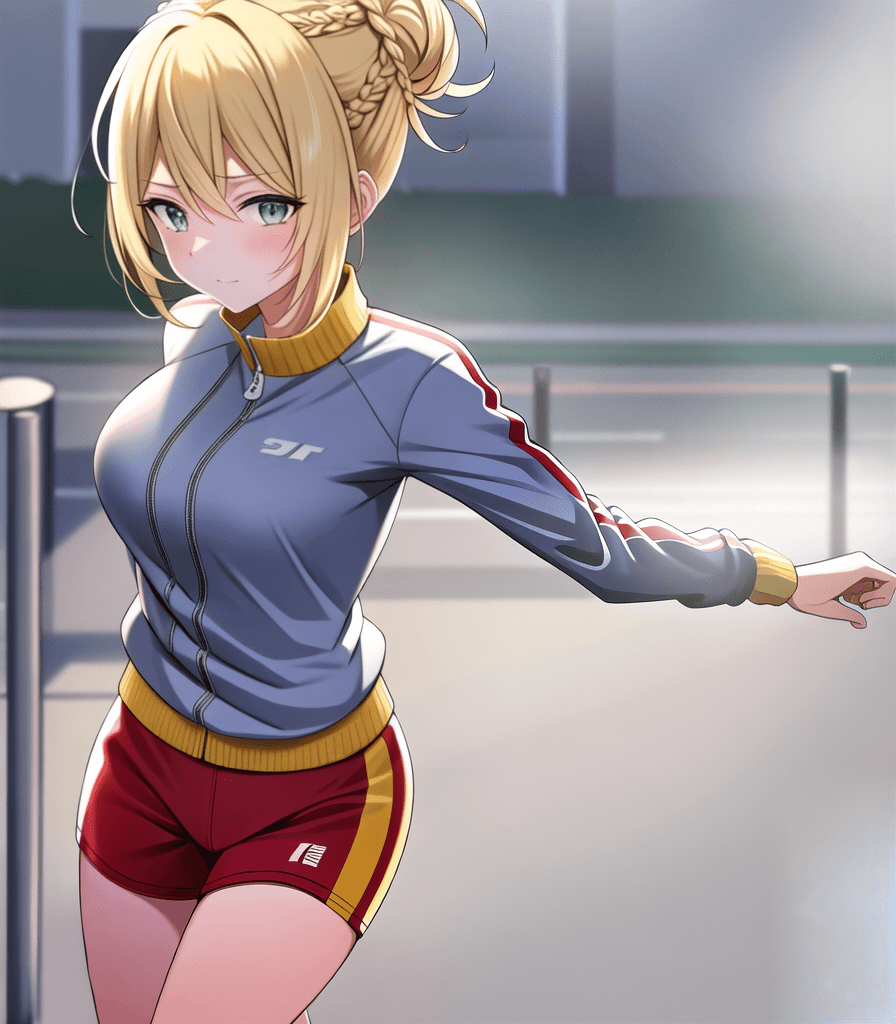 AI generated: (perfect anime illustration), 1girl, blonde hair, braided buns, outdoors, 5k, mile, outdoors, medium...