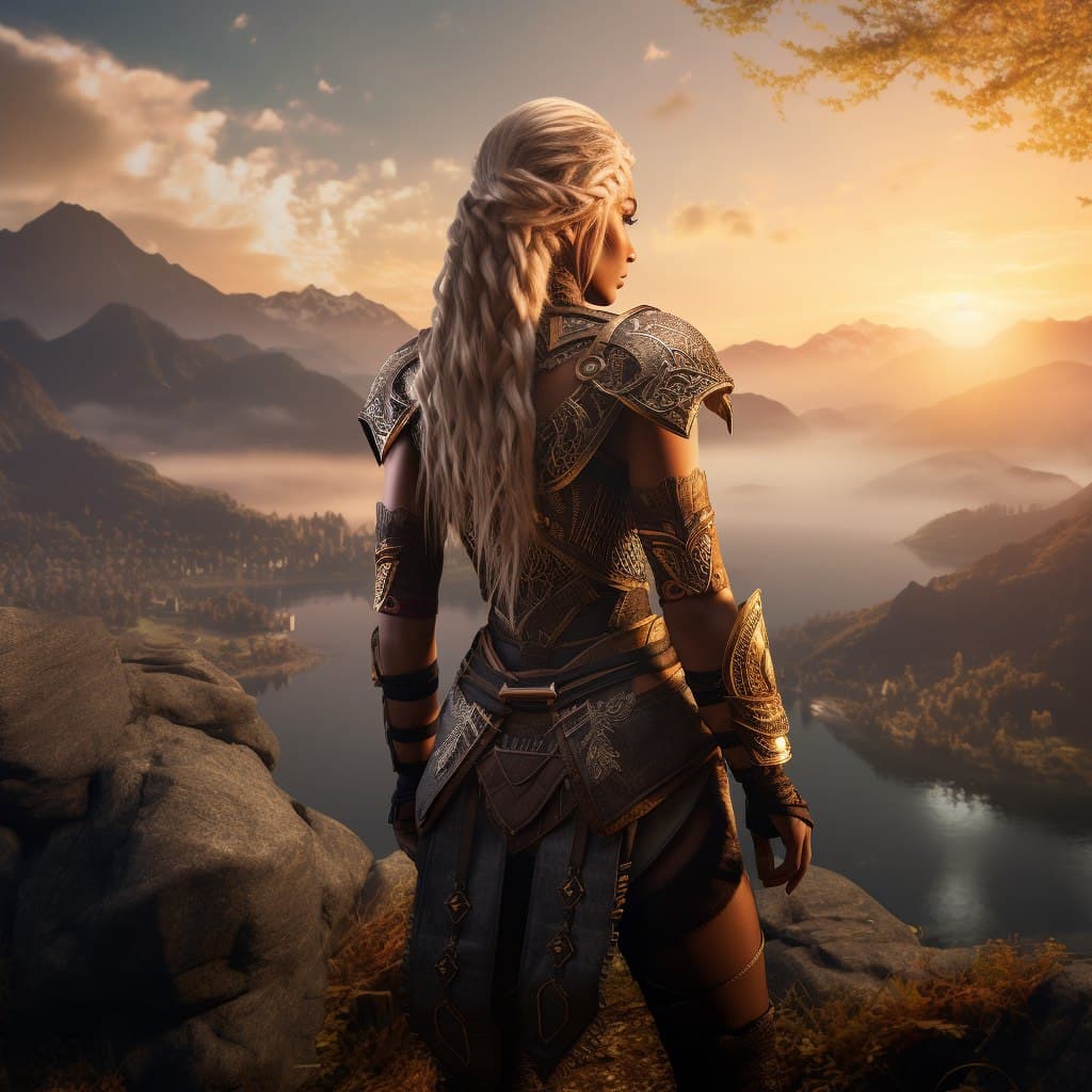 AI generated: a woman standing on top of a mountain next to a lake, a sexy blonde warrior, fantasy character photo...