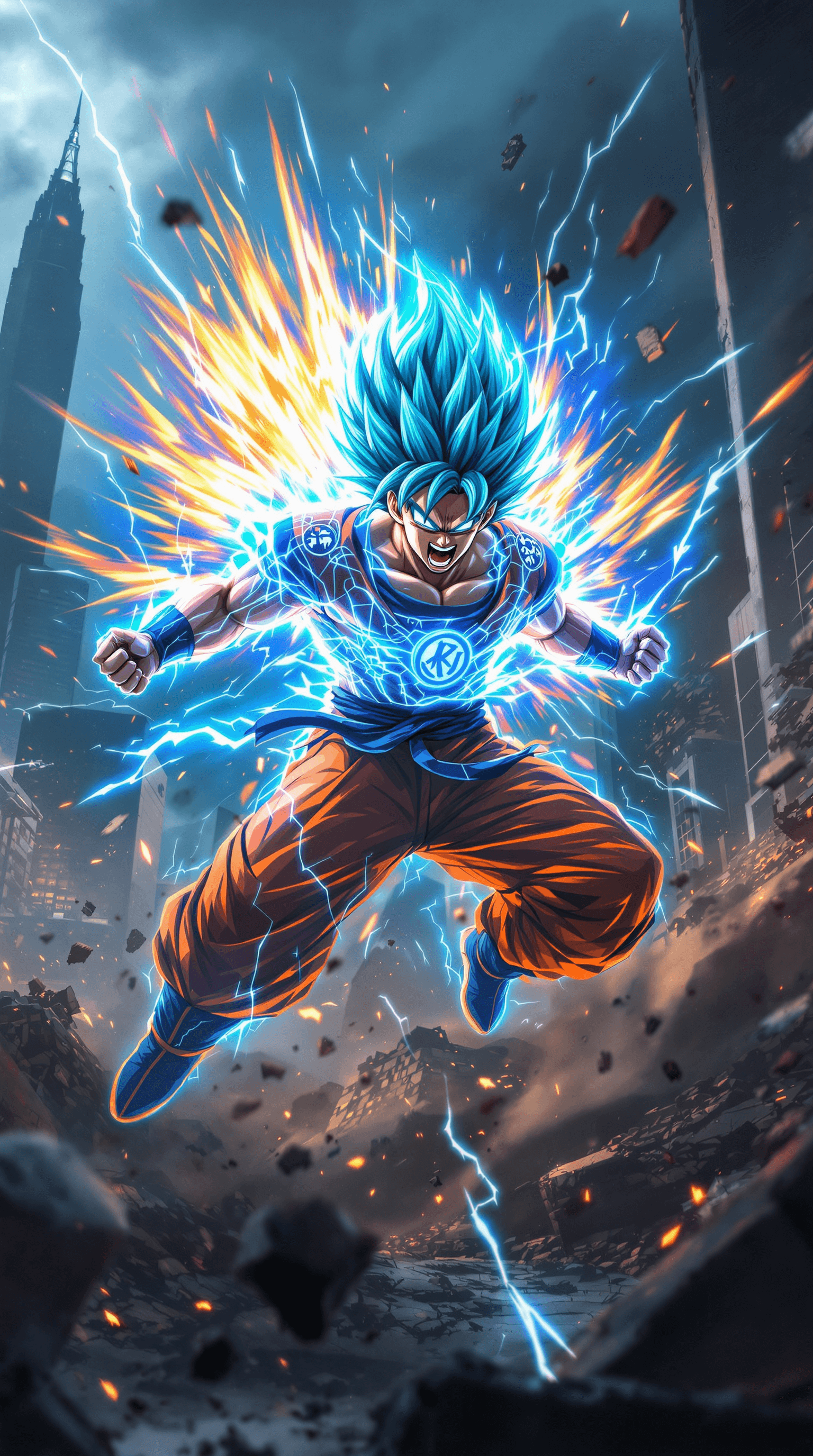 AI generated:  Goku, with electric blue hair and a fierce battle cry, is frozen in a dynamic, epic action pose, hi...