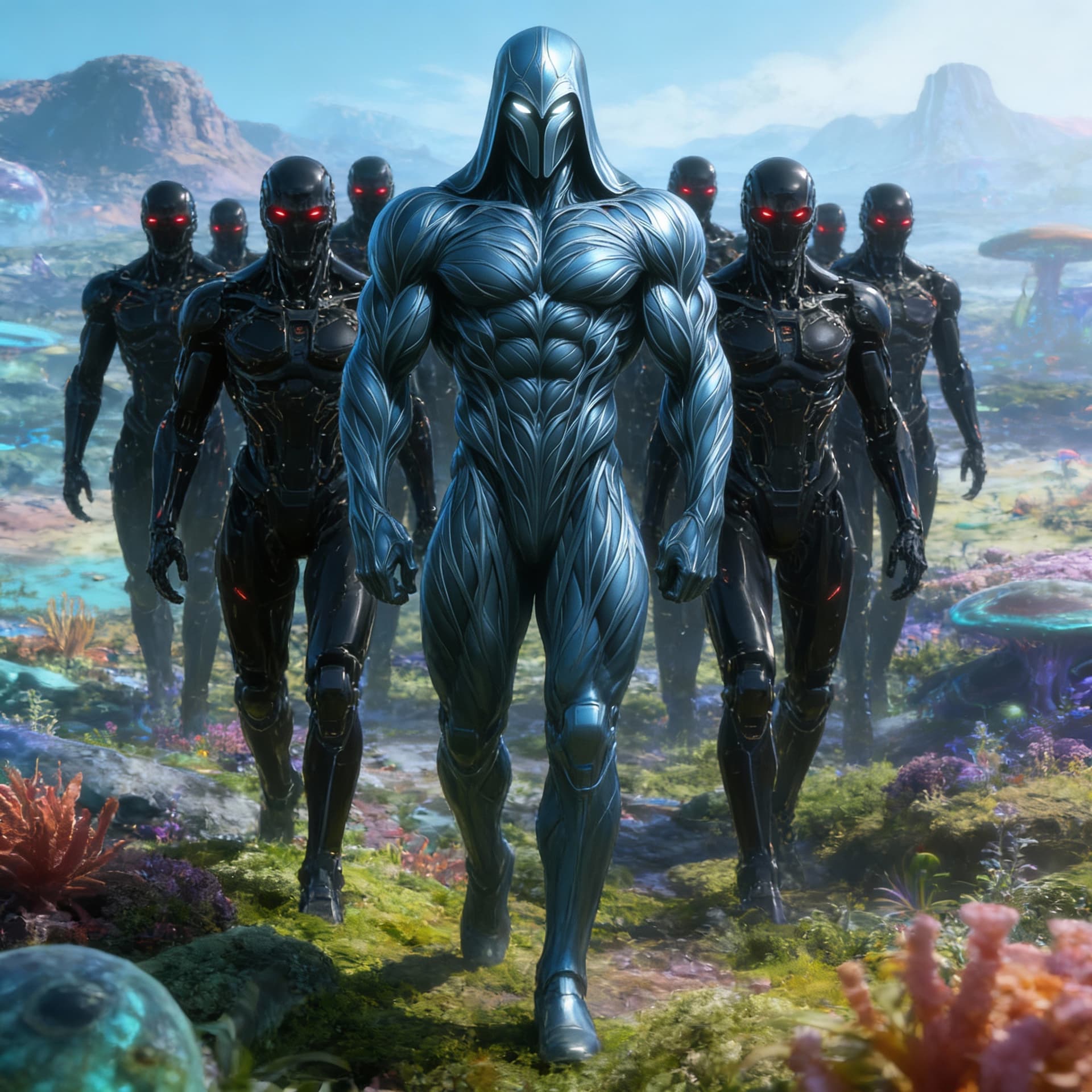 AI generated: Create a visual, show these forces as a peaceful invasion occupying force upon a planet. The figure ...