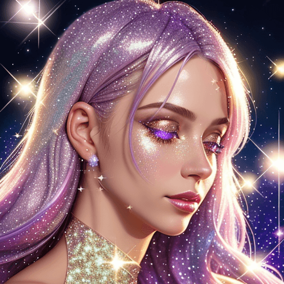 AI generated: Close-up of a person, glitter background, shiny glitter hair, professional profile photo, shiny glit...