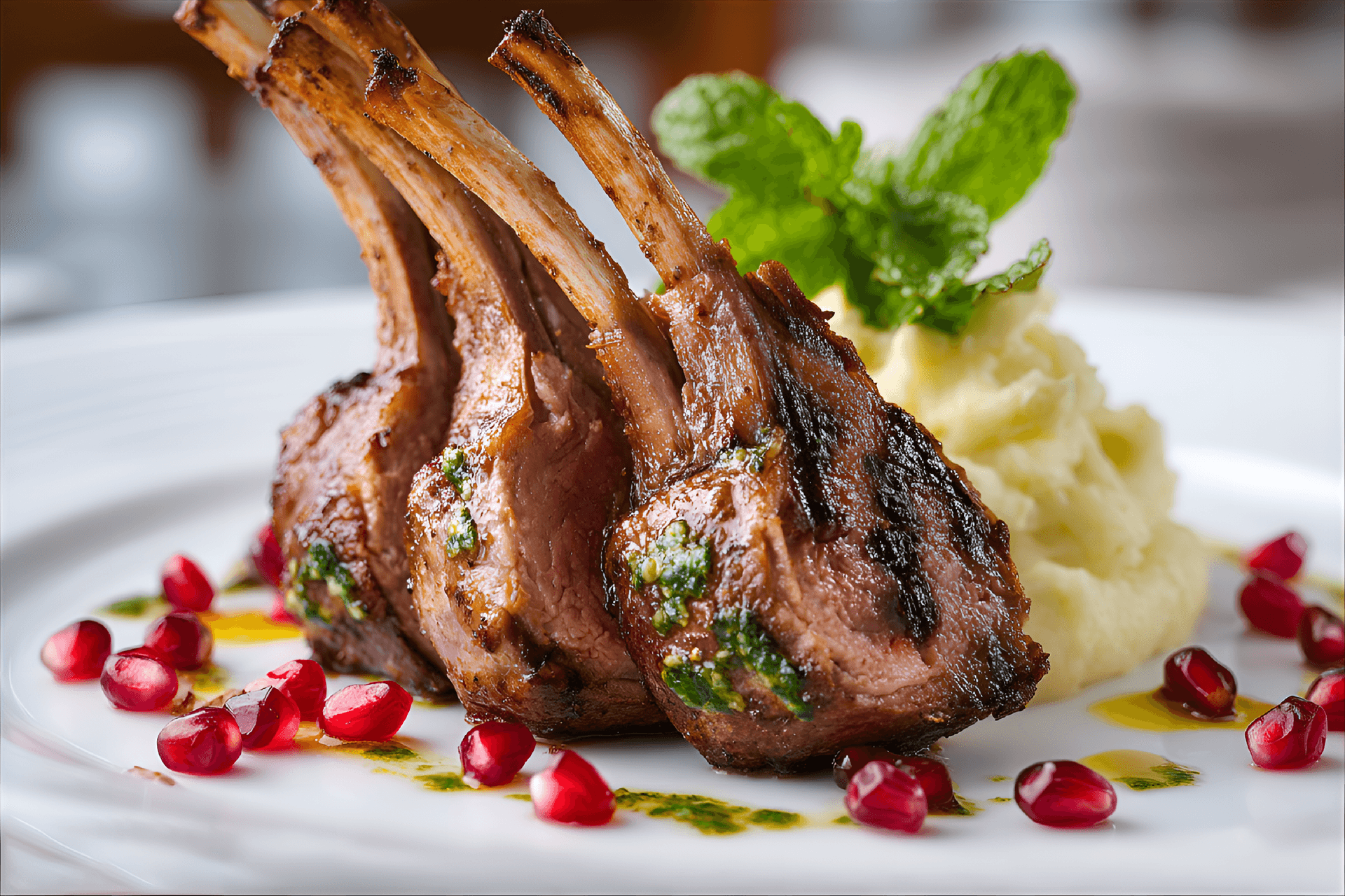 AI generated: An exquisite rack of lamb served on a white porcelain plate, garnished with a crown of mint leaves a...