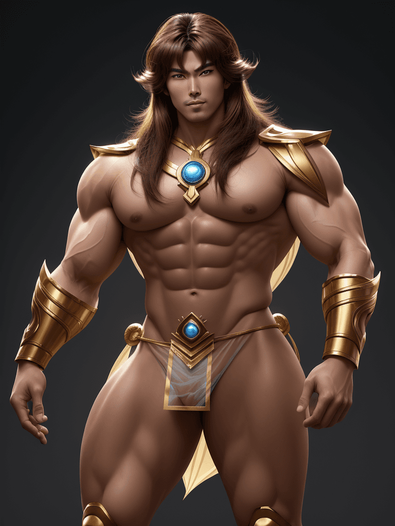 AI generated: Libra Dohko from Saint Seiya, chinese complexion, big muscles and big thighs, brown hair, in his thi...