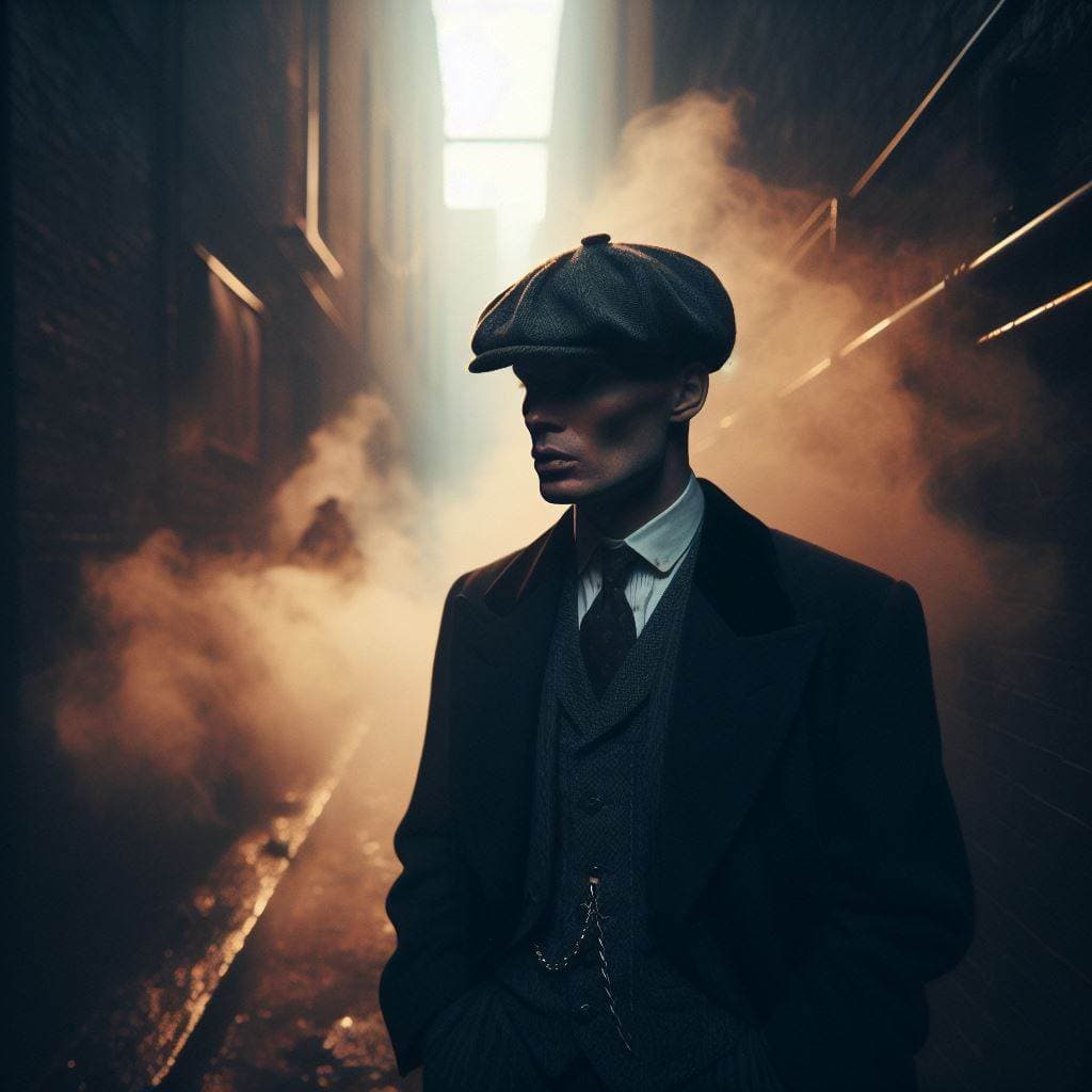 AI generated: (8k, RAW photo, highest quality) , hyperrealistic, Photo of a gang member from Peaky Blinders on a h...