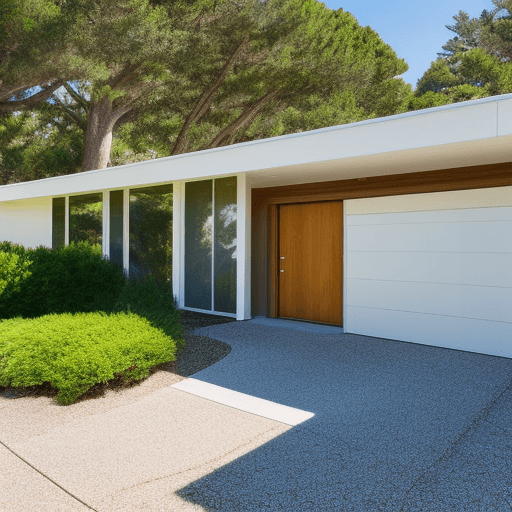 AI generated: hyper realistic eye level exterior photo of a mid century modern style house overlooking the ocean, ...