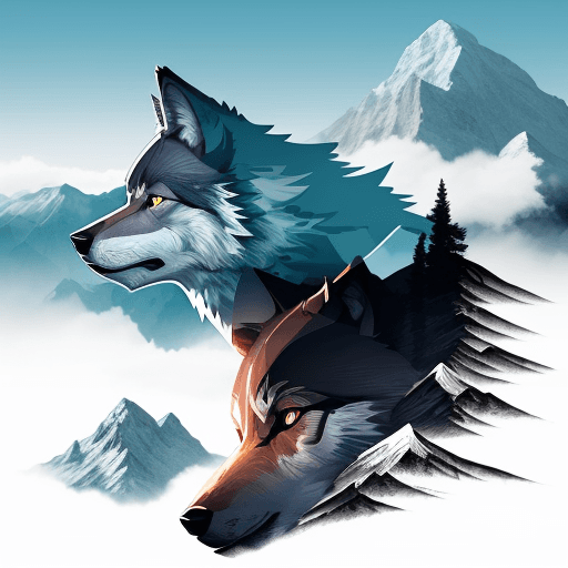 AI generated: Double exposure of a wolf face closeup in side profile and a mountain, natural scenery. Vector Art, ...