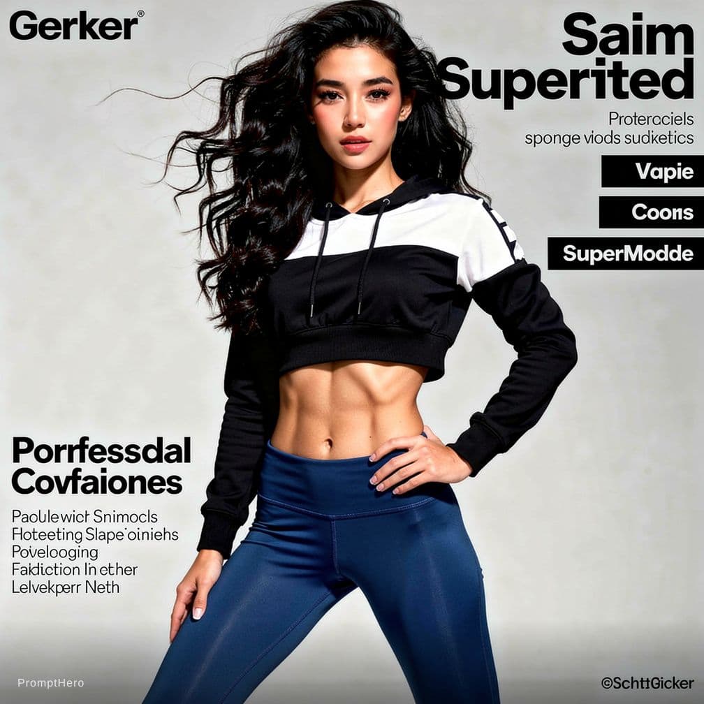AI generated: advertising poster style a photo of a slim, small breast, flat chest, abs, young asian female superm...