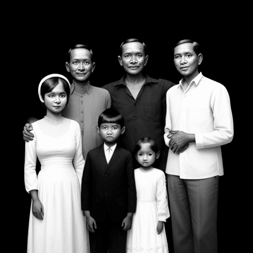 AI generated: old vintage photo of indonesia, a mother, father, 2 sons and a daughter, standing together, posing f...