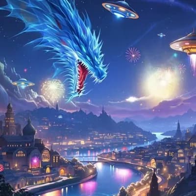 AI generated video: Surrealistic, psychedelic. deep color and high detail. A futuristic world at night with dragons flyi...