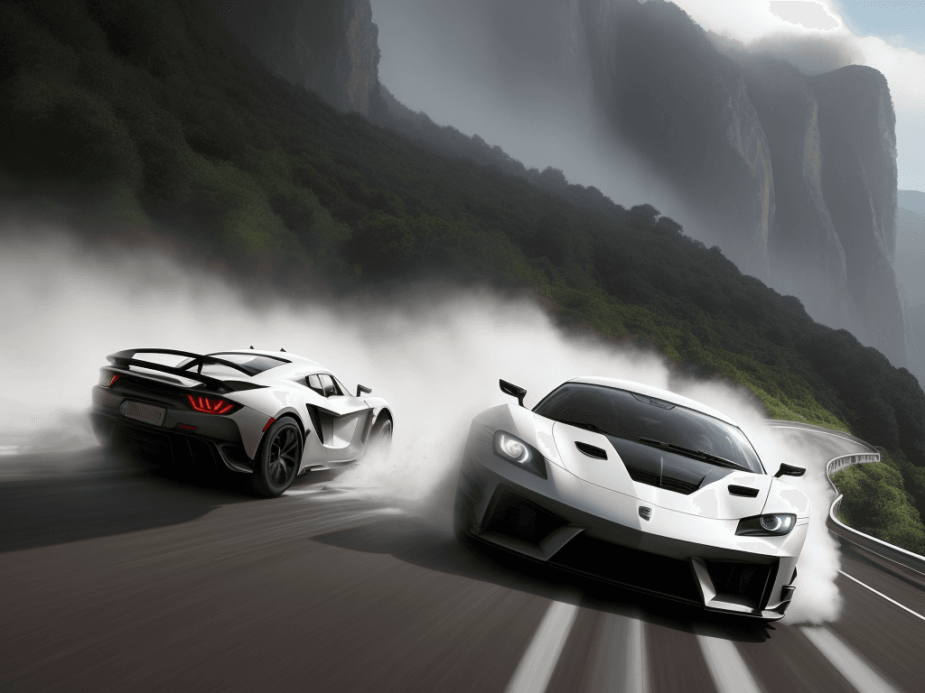 AI generated: supercar in a high-speed race on a winding mountain road, surrounded by lush greenery and dramatic c...