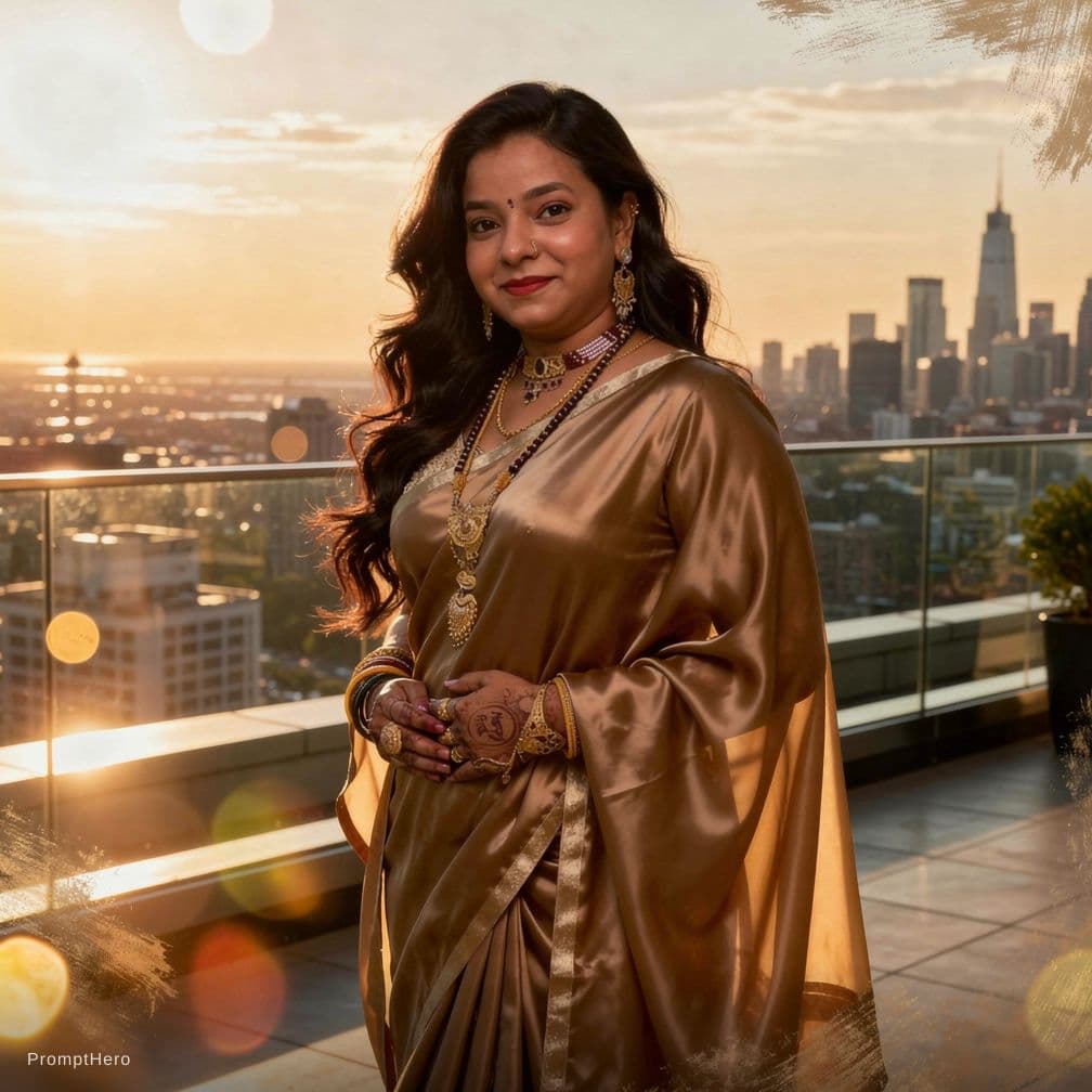 AI generated: A radiant woman with long, flowing dark waves and a curvy, graceful figure stands on a luxury roofto...
