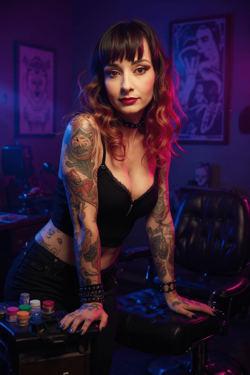 AI generated: Use this face to create a bold and edgy portrait of a tattoo artist working in a vibrant, neon-lit s...