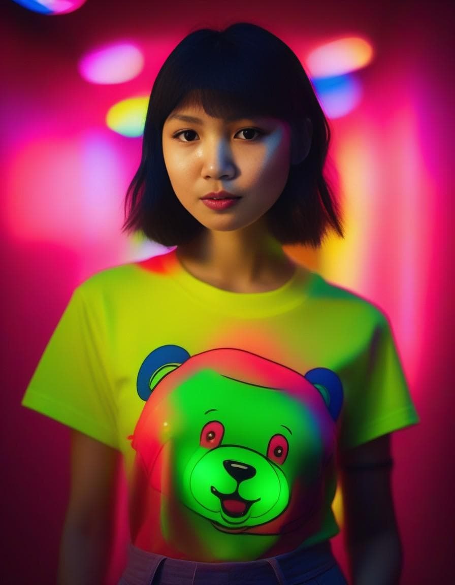 AI generated: Dressed in a gummy bear t-shirt, she defies convention, juxtaposing innocence with the eerie. Her at...