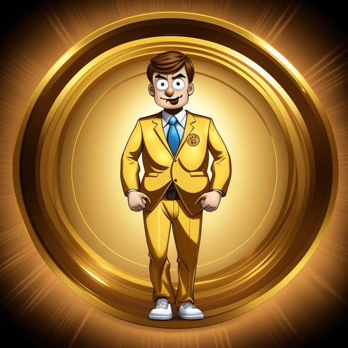 AI generated: logo, cartoon man inside gold circle, gold theme