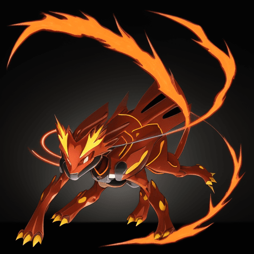 AI generated: in the art style of the Pokémon anime, draw this pokemon: Name: Mercurion

Type: Fire/Steel

Appeara...