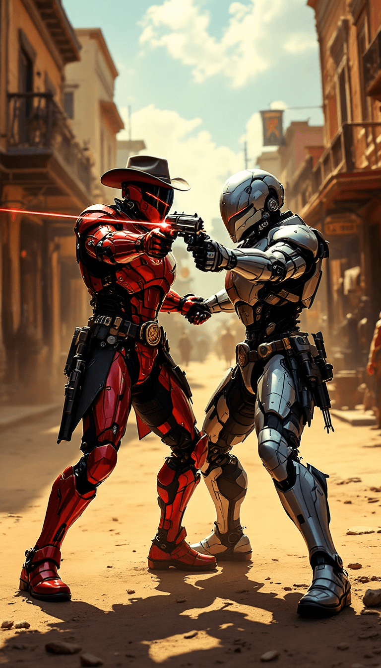 AI generated: A duel at high noon in the 'Cybernetic Wild West', with combatants using laser-sighted six-shooters ...