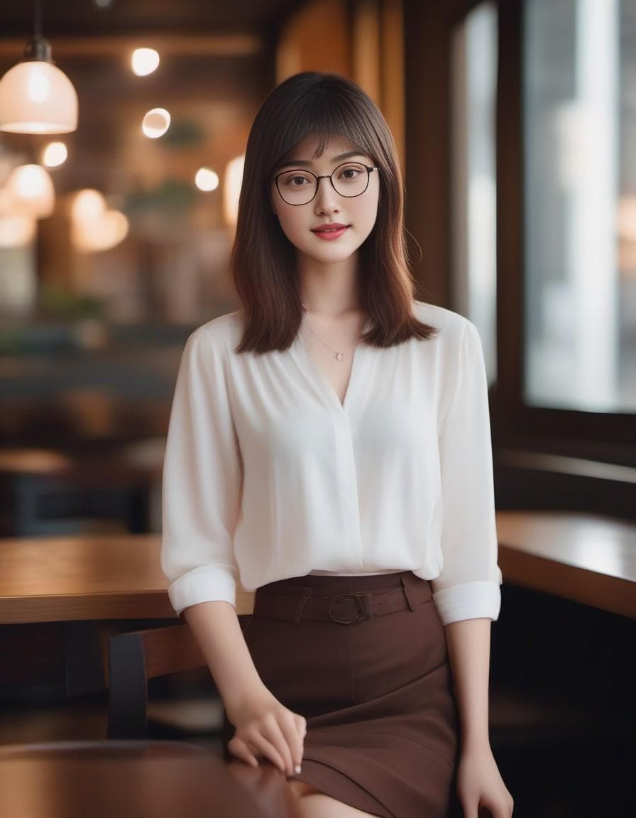 AI generated: Woman, Portrait, 20 Years old, Beauty face, French, Skinny, Glasses, Blouse, Skirt, Brunette hair, B...
