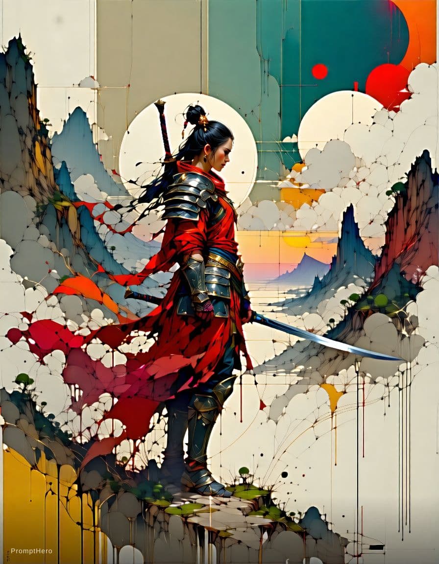 AI generated: poster of warrior princess| standing on hill |centered| key visual| intricate| highly detailed| brea...
