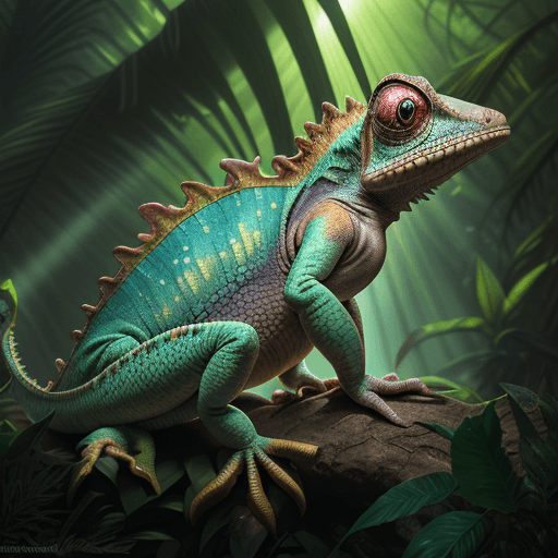 AI generated: Full-body chameleon fantasy animal in the jungle, closeup, ultra detailed, fairy lighting, photoreal...
