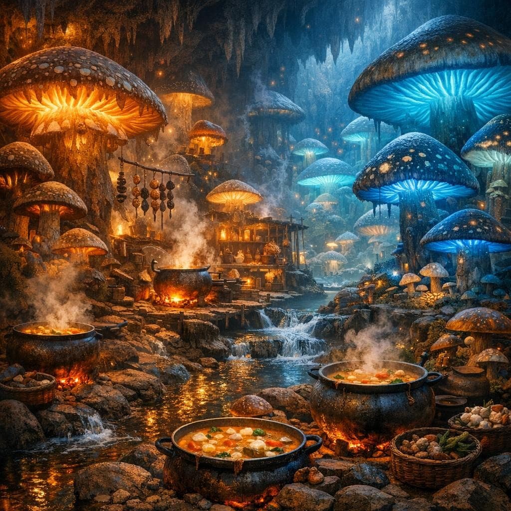AI generated: Create a unique environment/Biome of a Cooking → Mushrooms → The Fungal Depths (giant glowing fungi ...