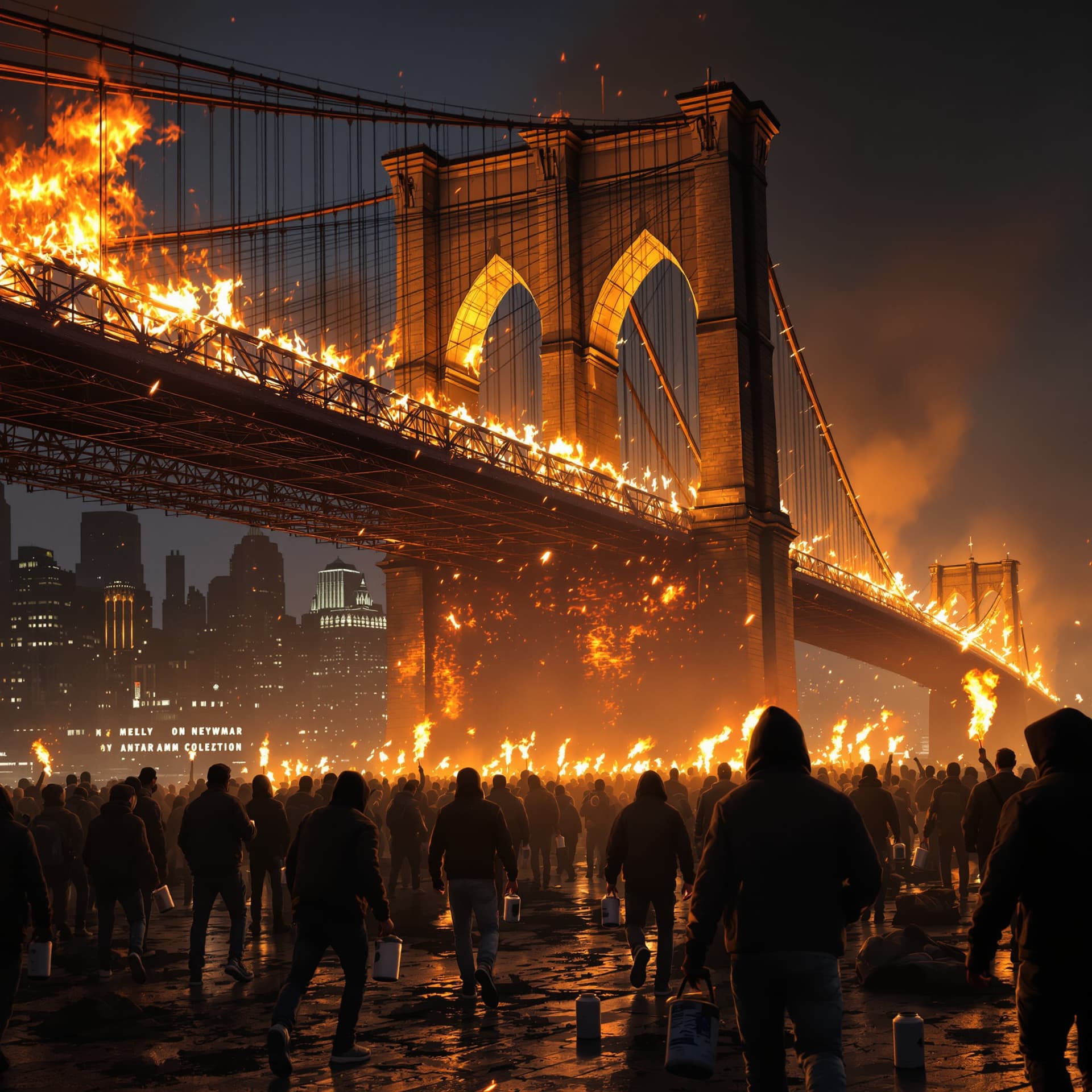 AI generated: The brooklyn bridge is set on fire and burning, in the distance on the ground you can see an army of...