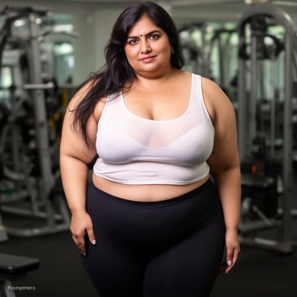 AI generated: a beautiful indian milf with big tits and huge ass, in gym clothes wearing a white top which is see ...
