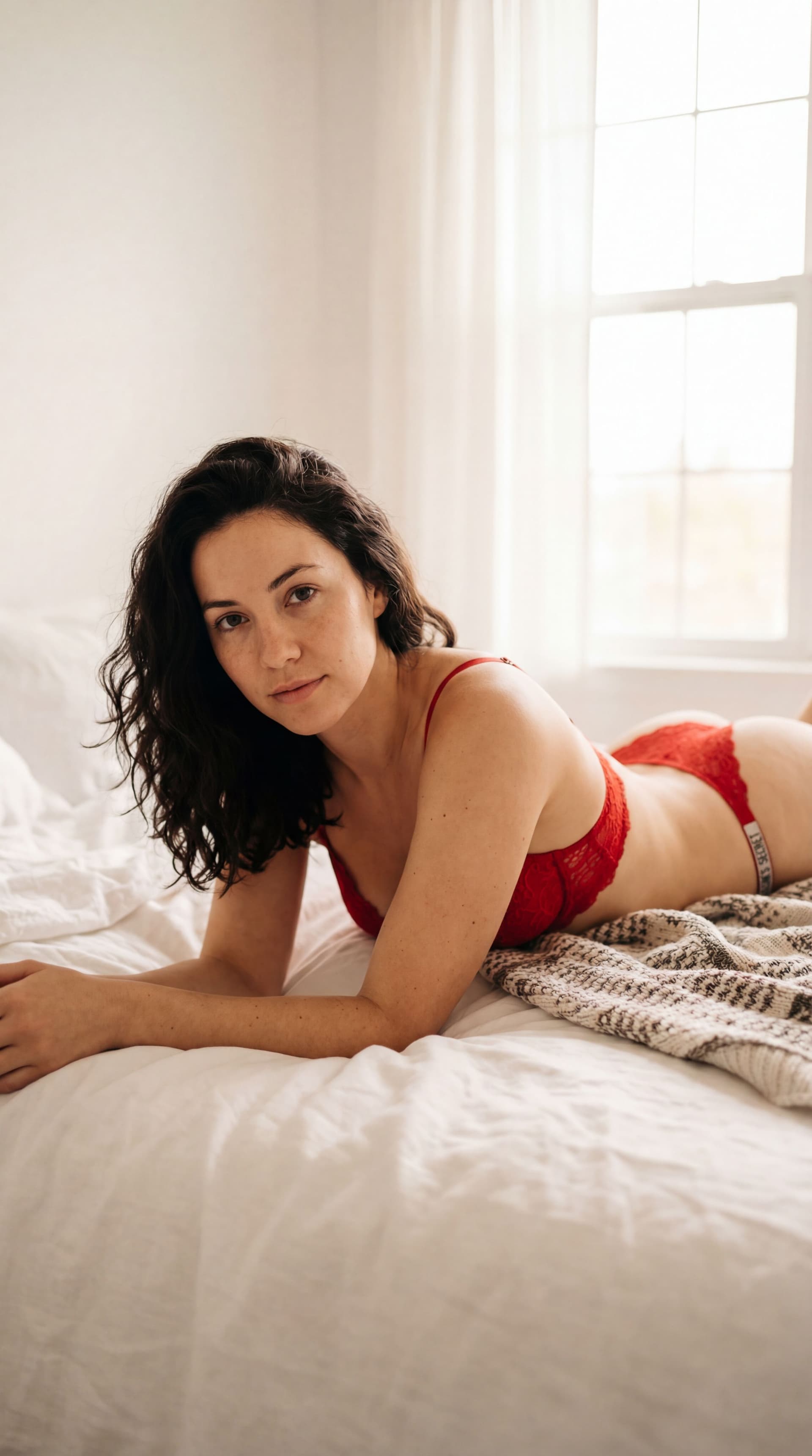 AI generated: Soft morning light bathes a sterile white bedroom, featuring a 30yo stunning woman in her San valent...