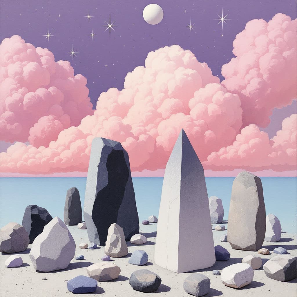 AI generated: Surrealism Simplicity, like paintings of René Magritte, stones, clouds and stars, colours violet, pi...