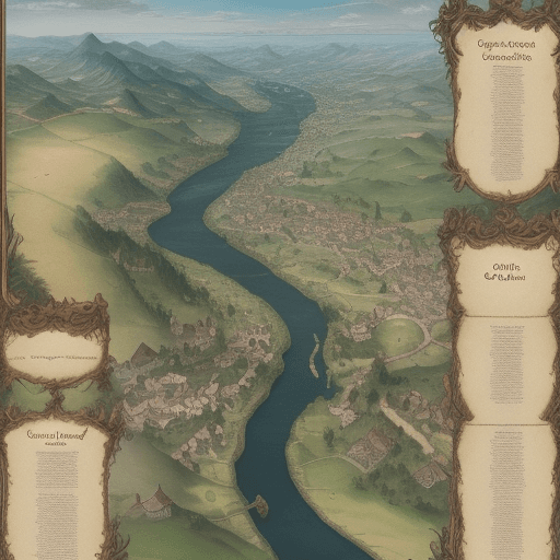 AI generated: a fantasy map of a unknown country, with cities, villages, rivers, and farms. Roads and lakes. Top v...