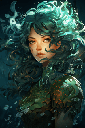 AI generated: A legendary mermaid with emerald green hair and gleaming aquamarine scales detailed with seashell-sh...