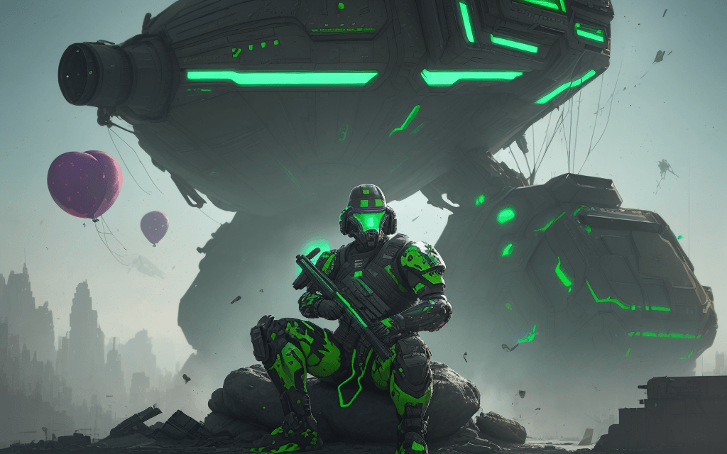 AI generated: brutal man warrior stands and holding a M41A Pulse Rifle in his hands, after the battle, sitting on ...