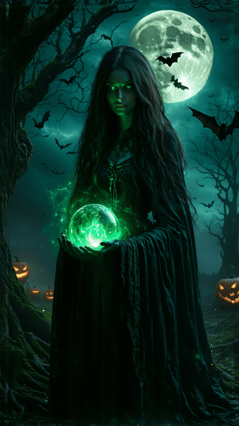 AI generated: A **hauntingly beautiful, painterly portrait** of a **mystical witch**, standing beneath a **gnarled...