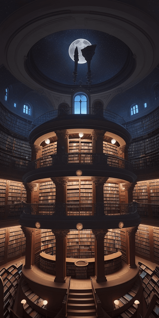 AI generated: circular infinite library with space in the middle, magical library, fantasy library, surreal librar...