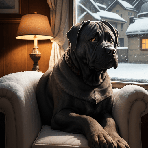 AI generated: brown Cane Corso dog, drawing, sleeping, lying in an armchair, inside a house through the window a S...