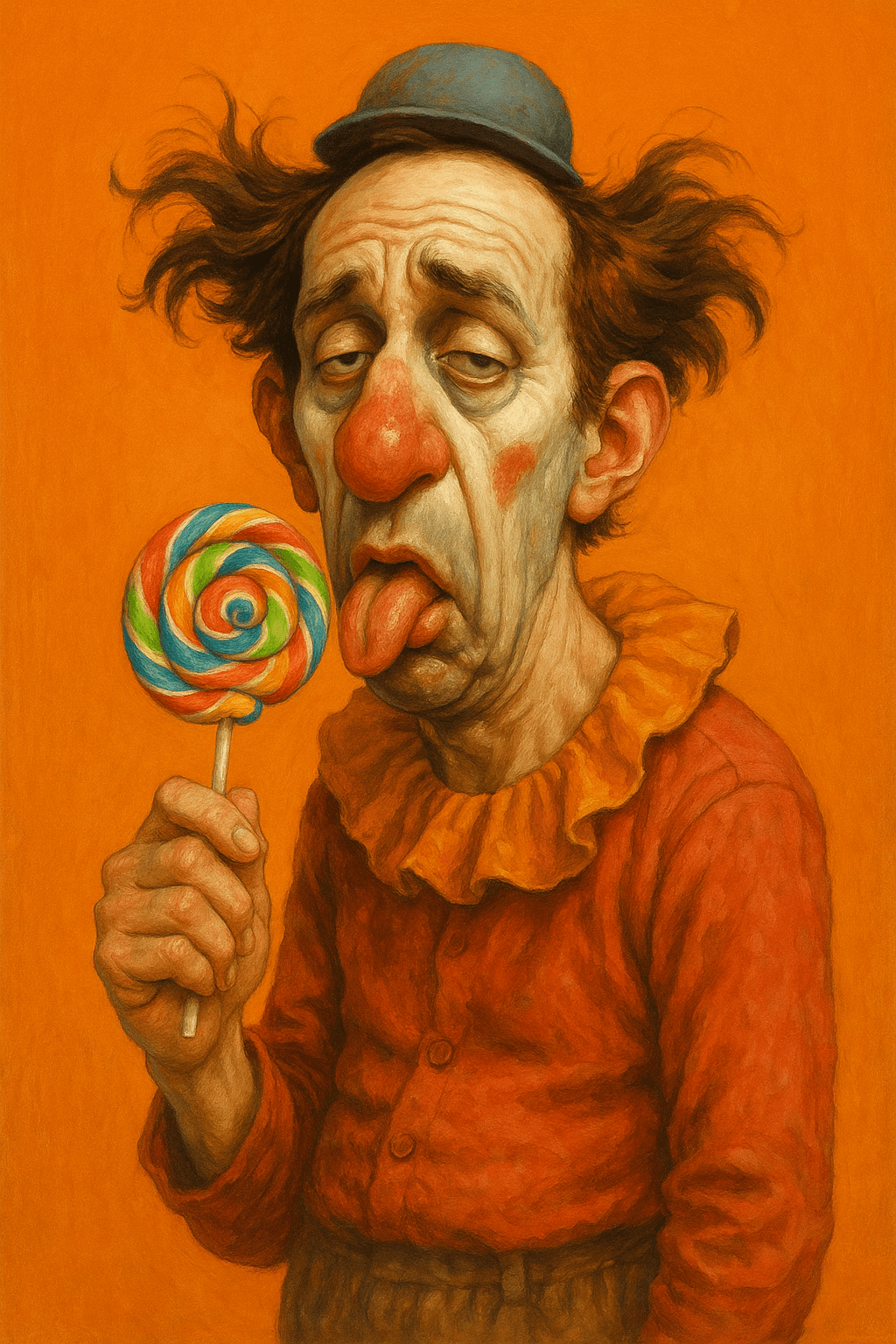 AI generated: Funny caricature of a disheveled male clown, about 45 years old, with a lanky body and exaggerated e...