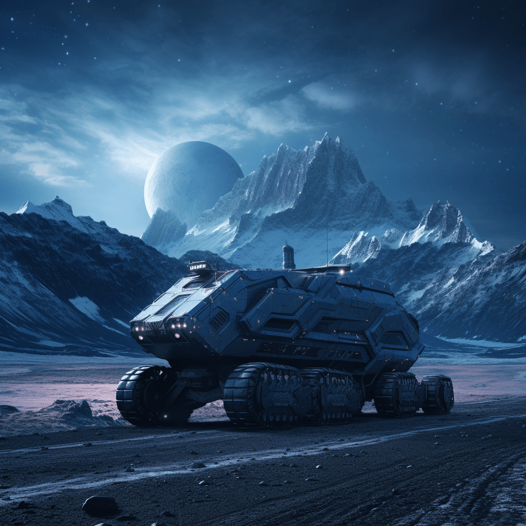 AI generated: light armored vehicle with cabin, rolling across a frozen plain on an alien planet, wide shot, close...