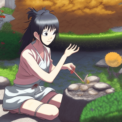 AI generated: HInata playing with Roshi anime in garden