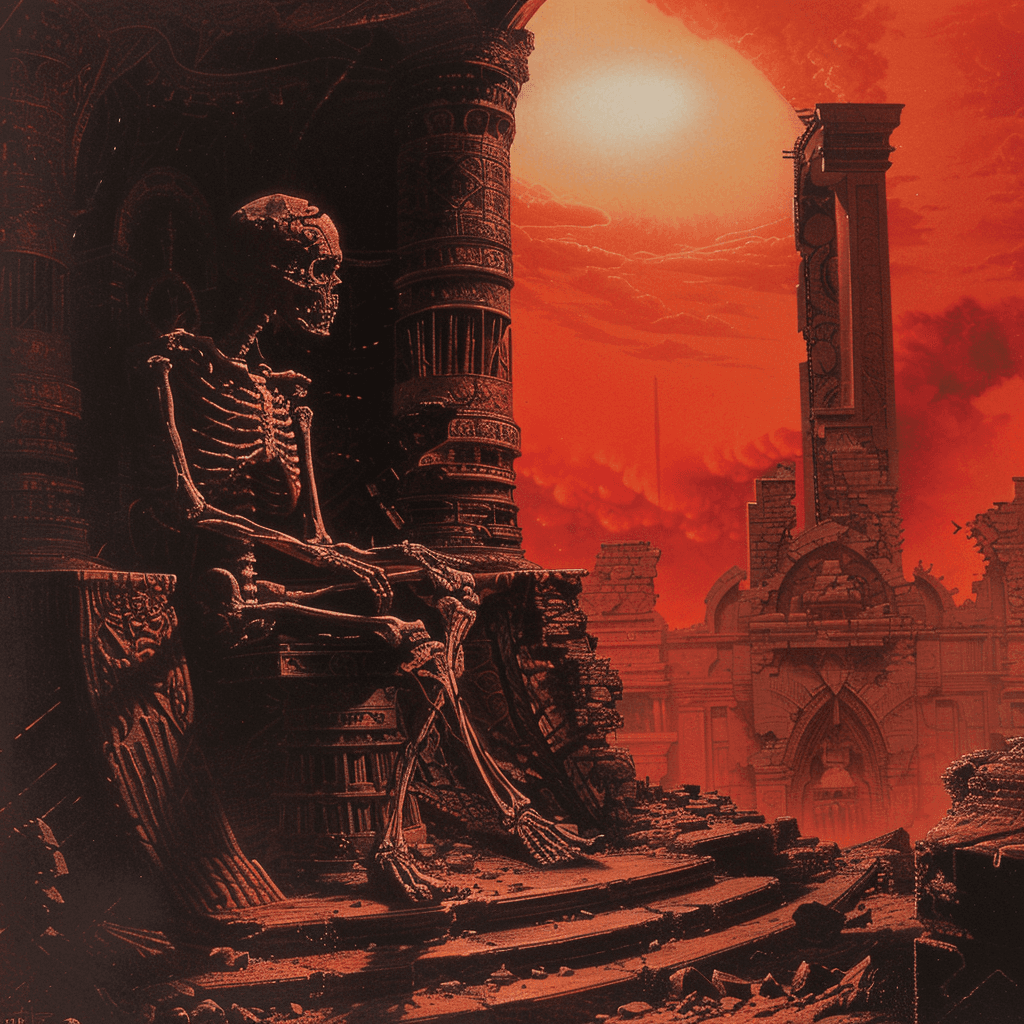 AI generated: An eerie, otherworldly scene of an alien skeleton sitting on a throne in ancient ruins under a red s...