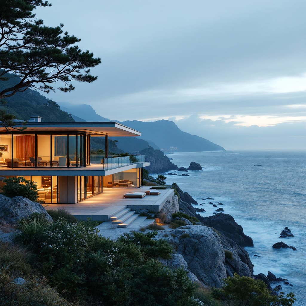 AI generated: Hyper realistic eye level exterior photo of a mid century modern style house overlooking the ocean, ...