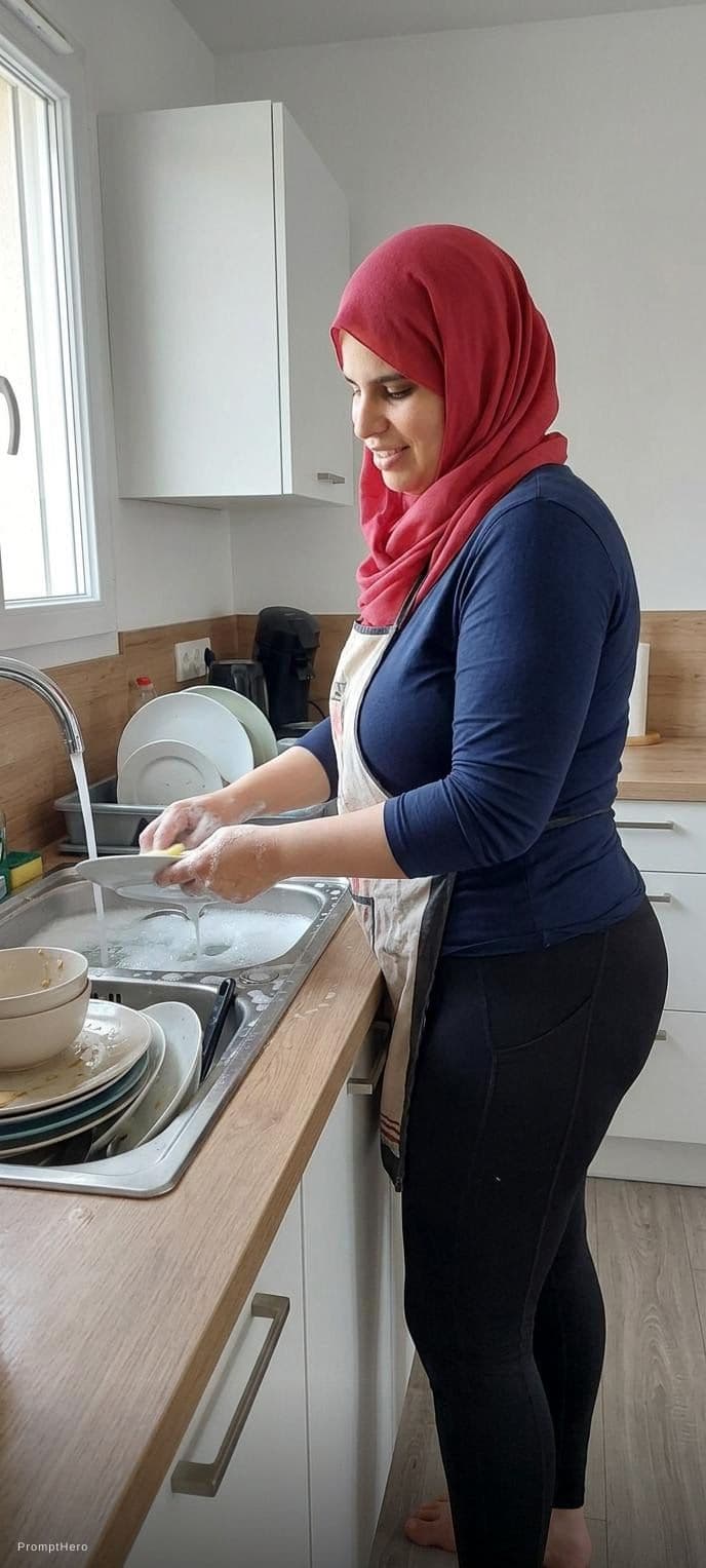 AI generated: She's wearing tight leggings and washing dishes in the kitchen.