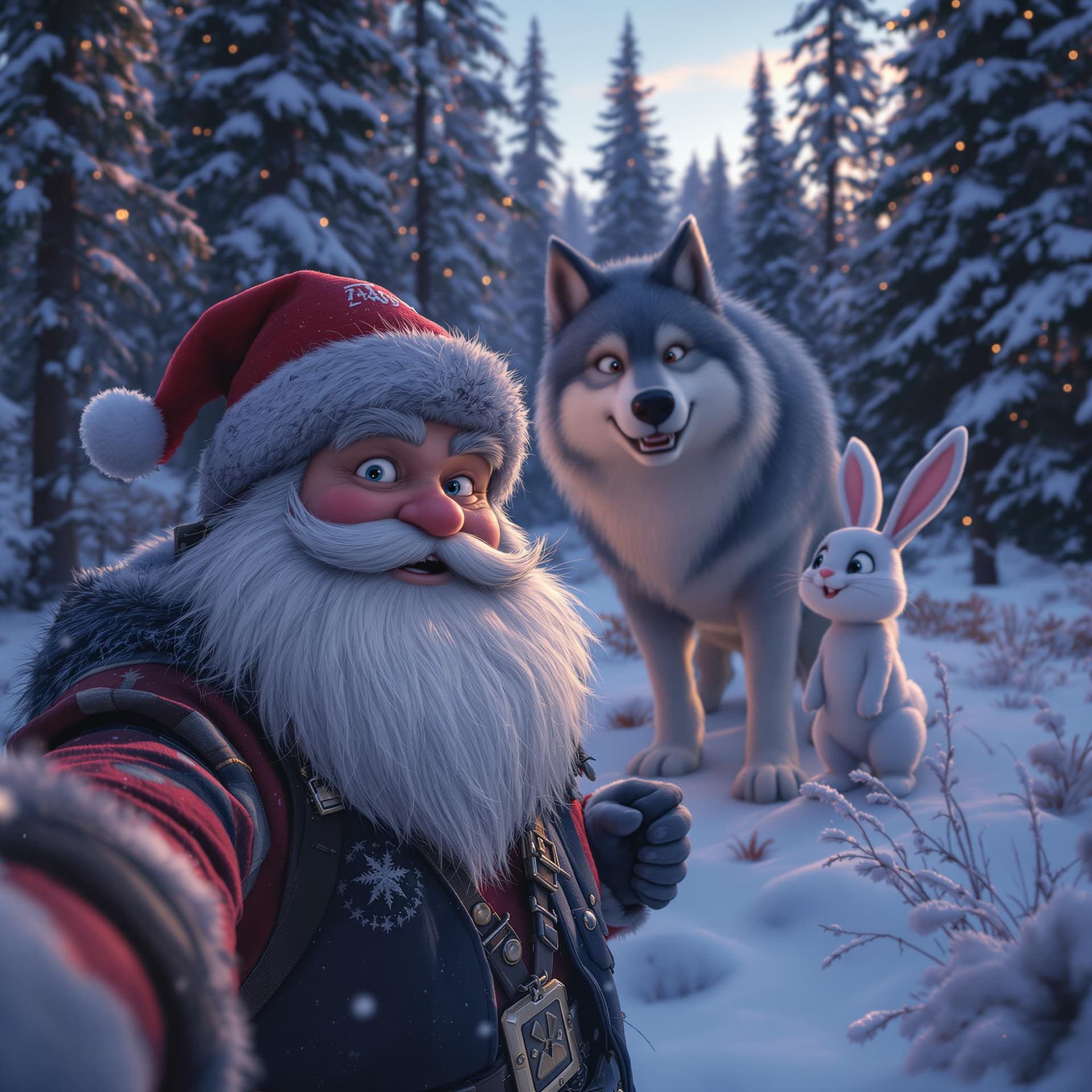 AI generated: In the winter forest, there is an field with bunny and huge wolf standing on it. Animated Santa Clau...