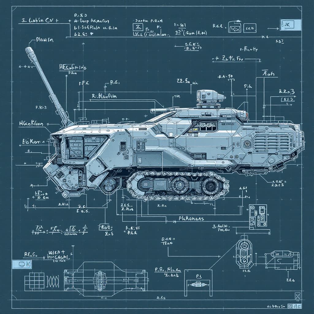 AI generated: sketches blueprint of futuristic sci-fi heavy armour storm chaser pick up truck vehicle, warp engine...