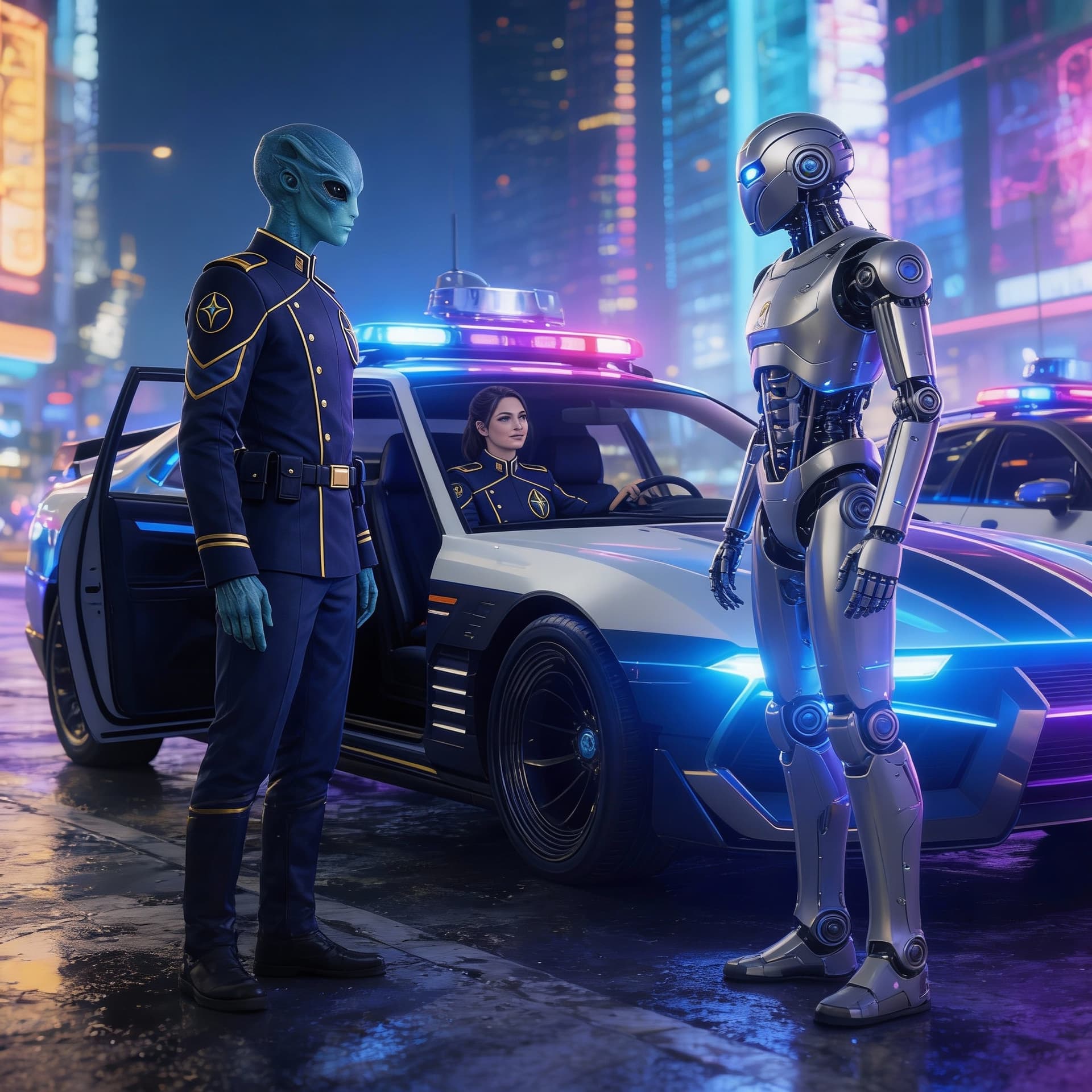 AI generated: Create a Sci-Fi image of the Alien and robot in. Reference image 1. 
Standing outside their Police c...