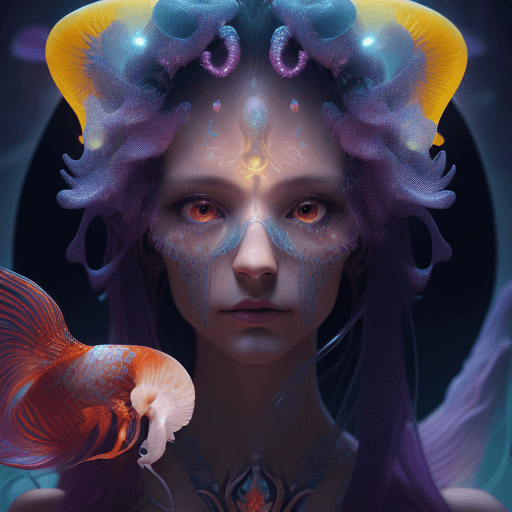AI generated: Goddess close-up portrait ribcagel. jellyfish phoenix head, nautilus, orchid, skull, betta fish, bio...