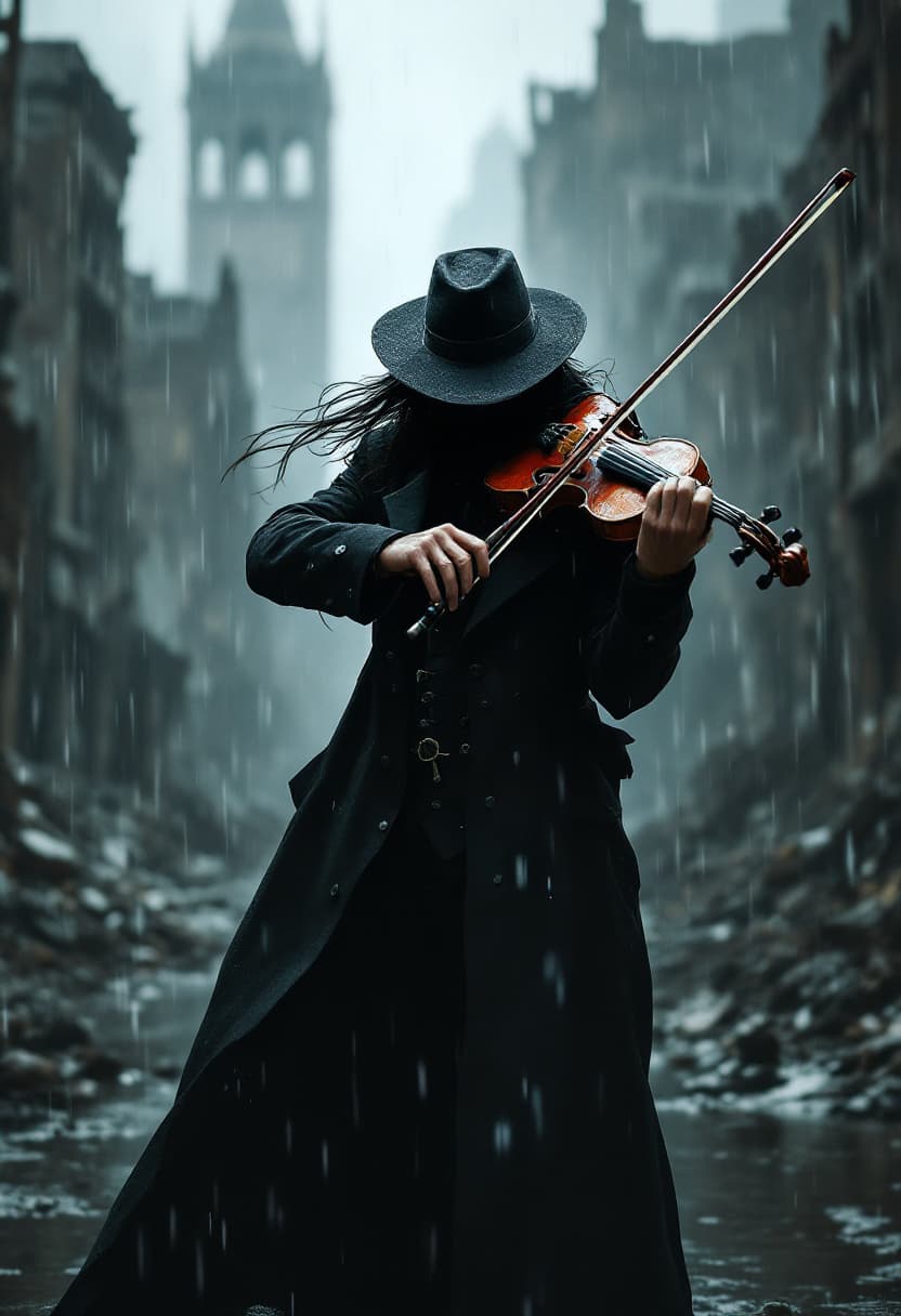 AI generated: A medium close-up of a mysterious dark gunslinger playing a violin in the ruins of a destroyed city ...