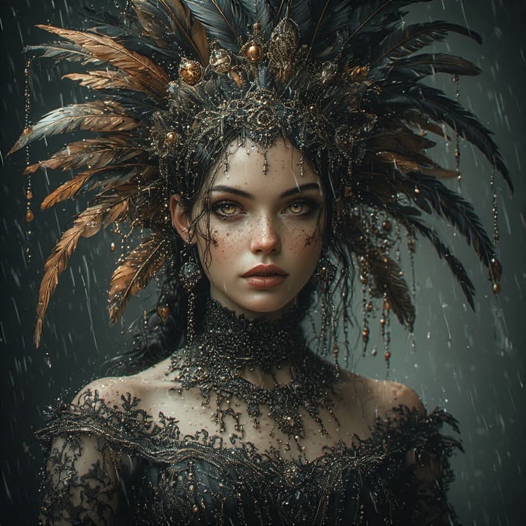 AI generated: Perchance
An elegant gothic woman wearing an elaborate feathered headdress and ornate gown, standing...