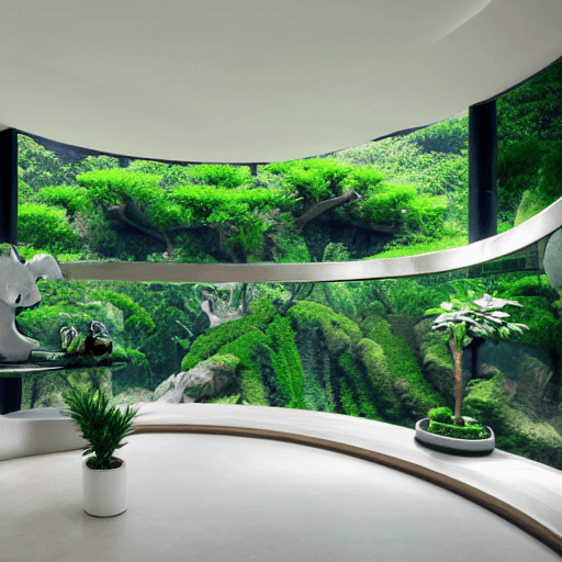 AI generated: clean futuristic curved zen room for meditation with crystals and bonsai plants, organically shaped ...