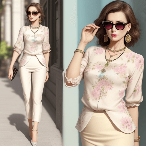 AI generated: best quality, highly detailed, realistic, middle aged woman, elegant clothing, pastel blouse, floral...